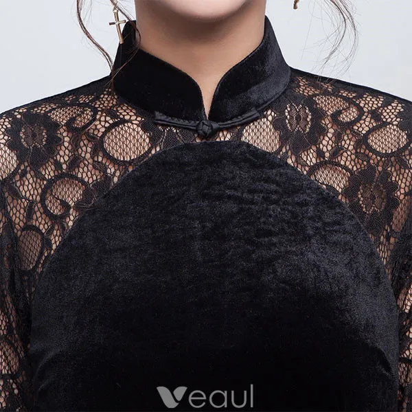 Elegant Black Evening Dress Long Lace Sleeves Fitted Suede Dress For Mother Of The Bride
