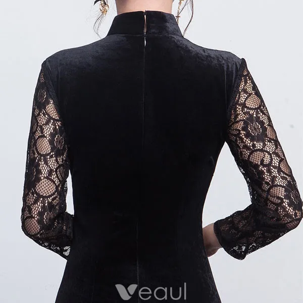 Elegant Black Evening Dress Long Lace Sleeves Fitted Suede Dress For Mother Of The Bride