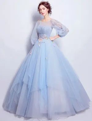 Fleur De Fée Robe De Bal 2017 Scoop Décolleté Applique Fleurs Colorées Volants Ciel Bleu Tulle Robe De Ceremonie