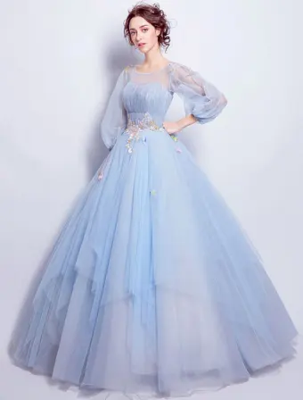 Flower Fairy Prom Dresses 2017 Scoop Neckline Applique Colorful Flowers Ruffle Sky Blue Tulle Occasion Dresses