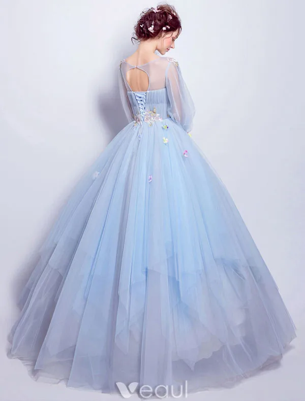 Flower Fairy Prom Dresses 2017 Scoop Neckline Applique Colorful Flowers Ruffle Sky Blue Tulle Occasion Dresses