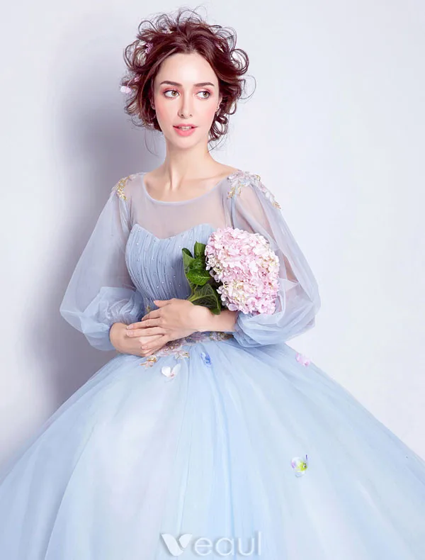 Flower Fairy Prom Dresses 2017 Scoop Neckline Applique Colorful Flowers Ruffle Sky Blue Tulle Occasion Dresses