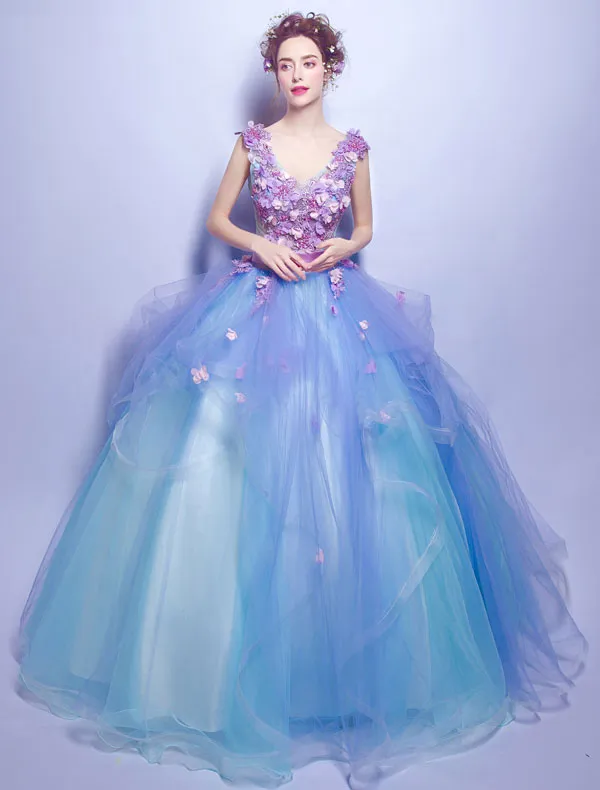 Flower Fairy Prom Dresses 2017 V-neck Applique Petals Ruffle Blue Tulle Occasion Dress