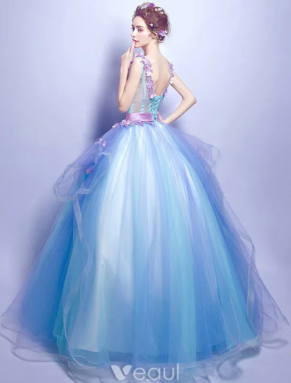 Flower Fairy Prom Dresses 2017 V-neck Applique Petals Ruffle Blue Tulle Occasion Dress