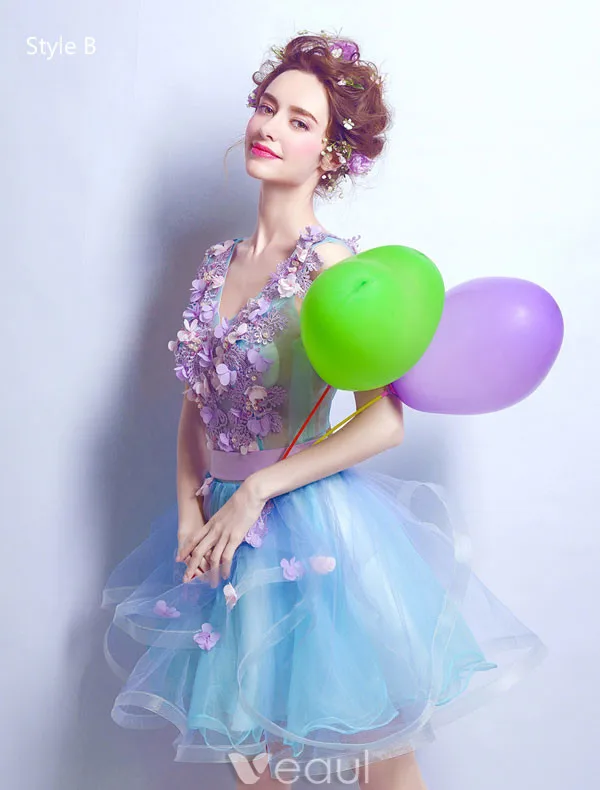 Flower Fairy Prom Dresses 2017 V-neck Applique Petals Ruffle Blue Tulle Occasion Dress