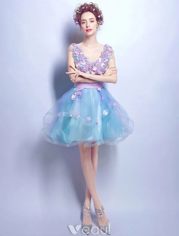 Flower Fairy Prom Dresses 2017 V-neck Applique Petals Ruffle Blue Tulle Occasion Dress