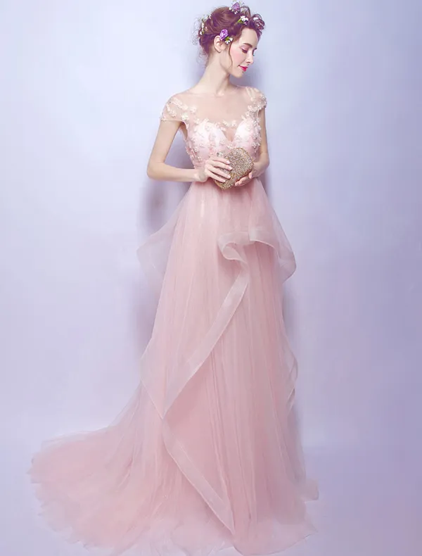 Schöne Abendkleider 2017 U-ausschnitt Flügelärmel Perlen Applikationen Blumen Perle Rosa Langes Kleid
