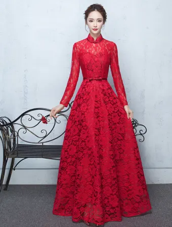 Elegante Hoch Hals Abendkleid Rotes Spitzenkleid Mit Bowknot Schärpe