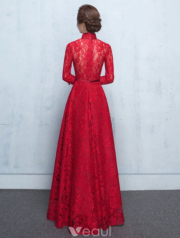 Robe De Soirée De Haute Cou Élégant Robe De Ceremonie Dentelle Rouge Avec Écharpe Bowknot