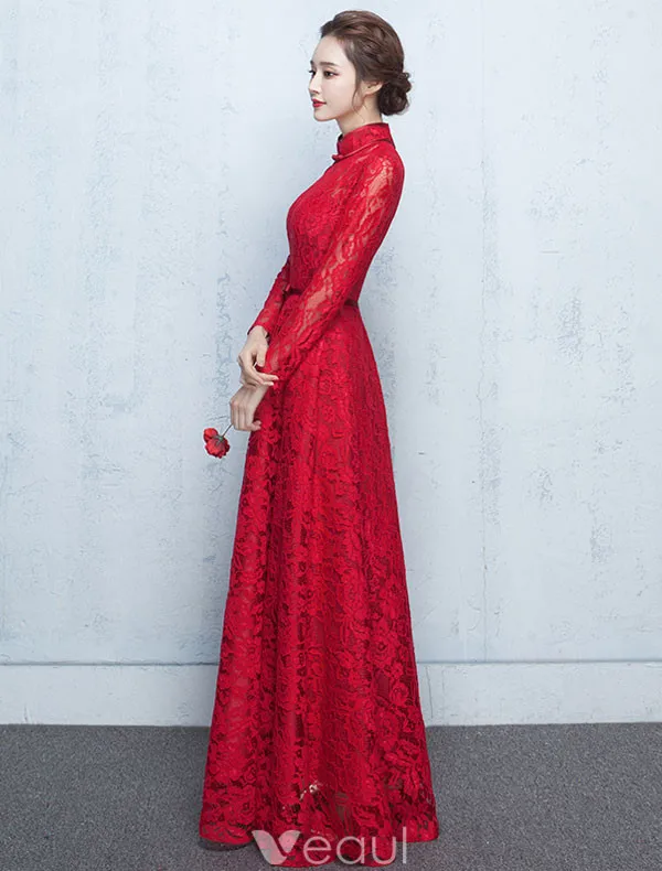 Robe De Soirée De Haute Cou Élégant Robe De Ceremonie Dentelle Rouge Avec Écharpe Bowknot