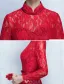 Robe De Soirée De Haute Cou Élégant Robe De Ceremonie Dentelle Rouge Avec Écharpe Bowknot