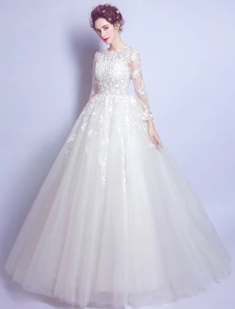 Princess A Line Wedding Dresses 2017 Scoop Neck Applique Flowers And Laces White Tulle Bridal Gowns