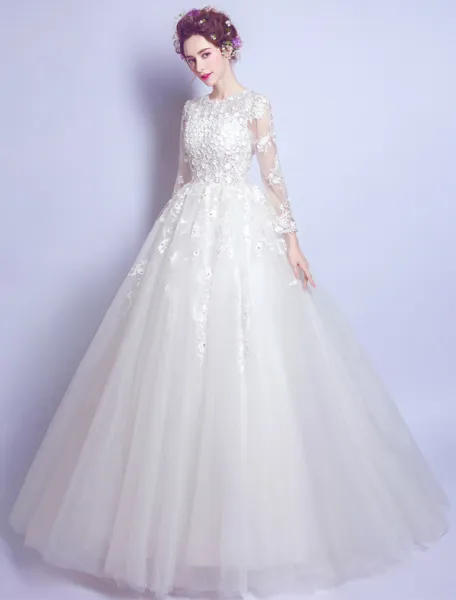 Prinzessin A-line Brautkleider 2017 U-ausschnitt Applique Blumen Und Spitzen Weiße Tüll Brautkleider