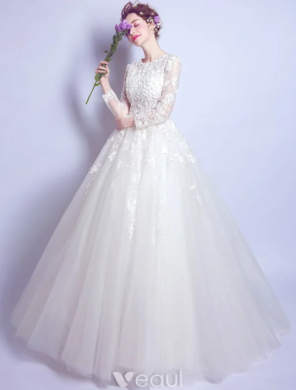 Princess A-line Wedding Dresses 2017 Scoop Neck Applique Flowers And Laces White Tulle Bridal Gowns