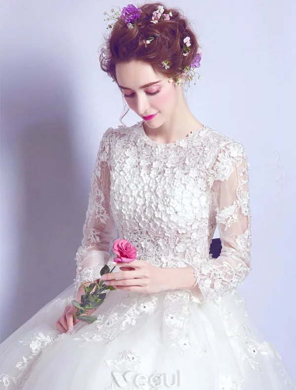 Princess A-line Wedding Dresses 2017 Scoop Neck Applique Flowers And Laces White Tulle Bridal Gowns