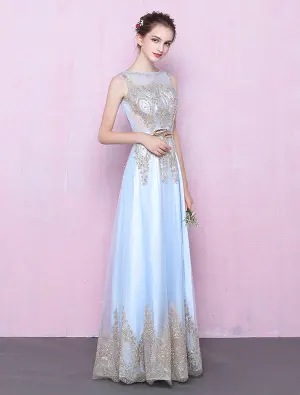 Elegante Lange Avondjurk Met Pailletten Blauwe Tule Jurk Met Sjerp