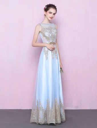 Elegant Long Evening Dress With Sequins Blue Tulle Dress With Sash