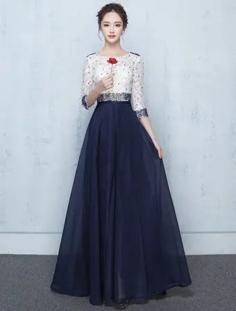 Schönes Langes Abschlussballkleid Blaue Und Weiße Spitze Festliche Kleider Wulstig