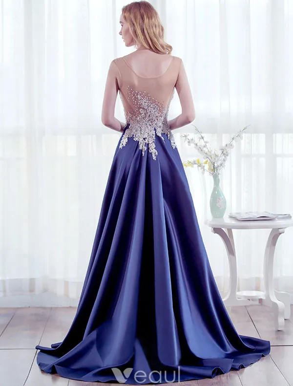 Beautiful Evening Dresses 2017 Scoop Neckline Beading Pearls Applique Lace Long Dress