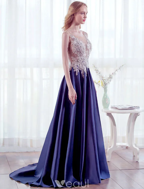 Beautiful Evening Dresses 2017 Scoop Neckline Beading Pearls Applique Lace Long Dress