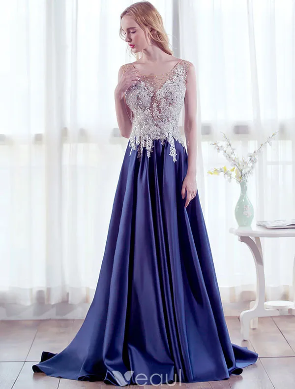 Beautiful Evening Dresses 2017 Scoop Neckline Beading Pearls Applique Lace Long Dress