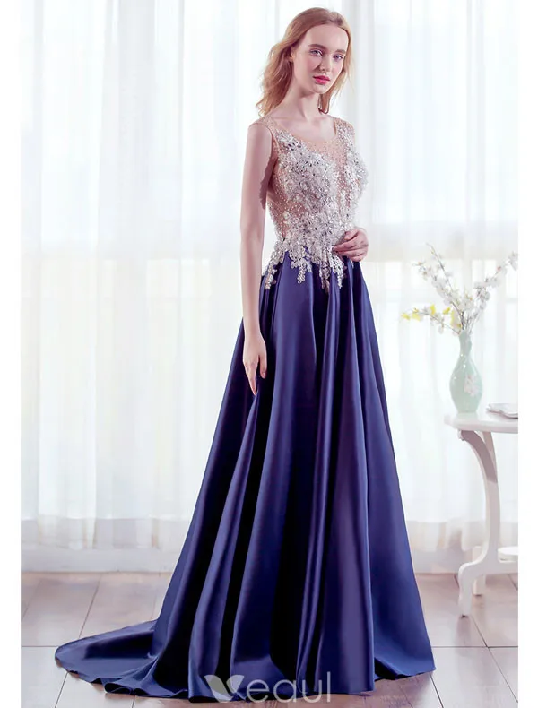 Beautiful Evening Dresses 2017 Scoop Neckline Beading Pearls Applique Lace Long Dress