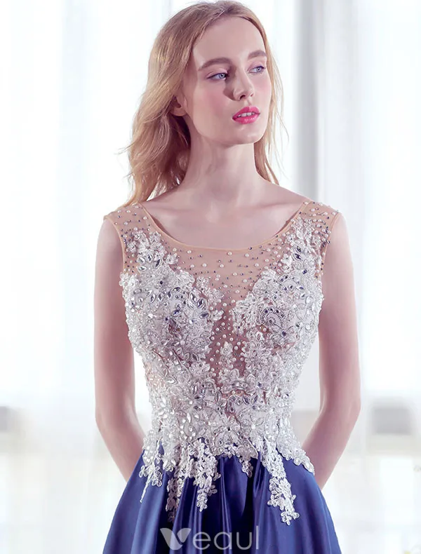 Beautiful Evening Dresses 2017 Scoop Neckline Beading Pearls Applique Lace Long Dress