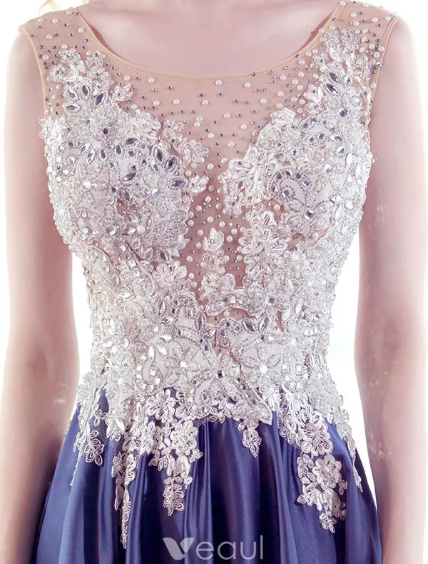 Beautiful Evening Dresses 2017 Scoop Neckline Beading Pearls Applique Lace Long Dress