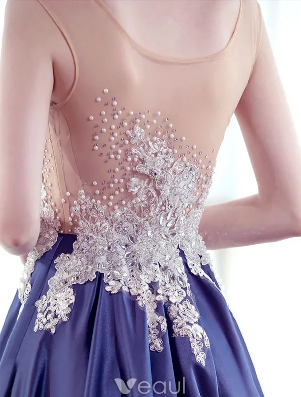 Beautiful Evening Dresses 2017 Scoop Neckline Beading Pearls Applique Lace Long Dress