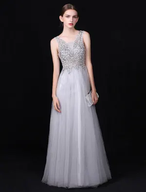 Sexig Lång V Ringad Aftonklänning Grå Backless Balklänning Beaded Paljetter