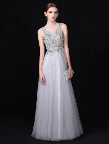 Sexig Lång V Ringad Aftonklänning Grå Backless Balklänning Beaded Paljetter