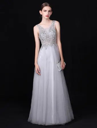 Reizvolles Langes V Ansatz Abendkleid Graues Rückseitiges Festliche Kleid Wulstige Sequins