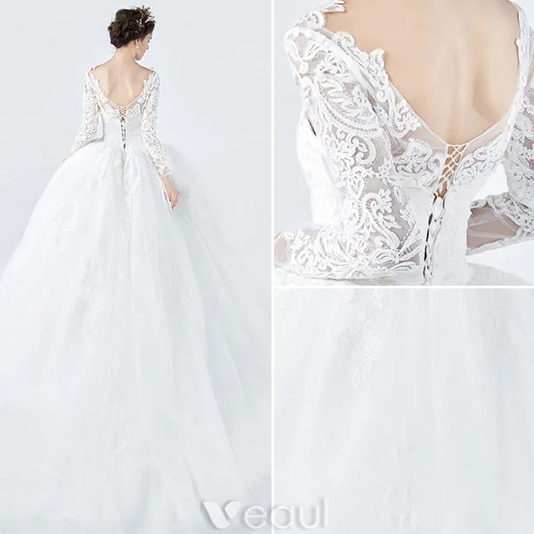 Elegant Wedding Dresses 2017 V-neck Applique Lace Ball Gown Bridal Gowns With Sleeves