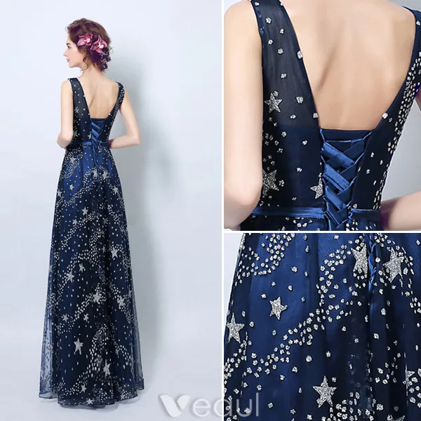 Sparkly Evening Dresses 2017 Scoop Neckline Navy Blue Tulle Long Dress