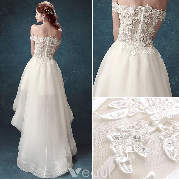 Robe De Mariée De Plage 2017 Sur L'épaule Perles Strass Applique Dentelle Robes De Mariée Asymétriques