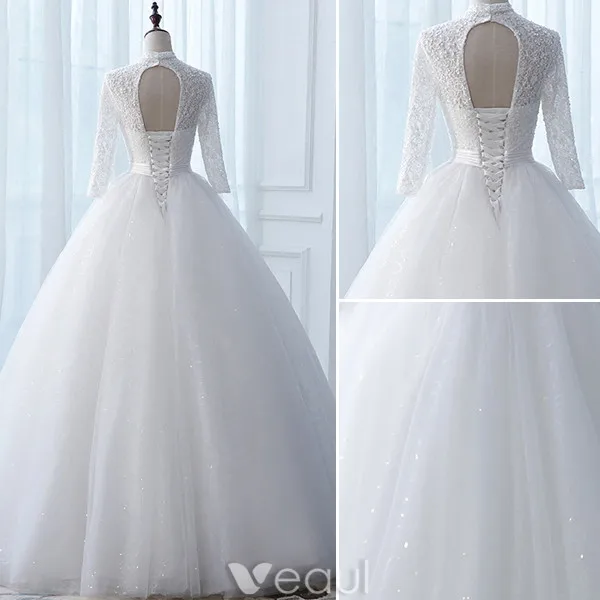 Vintage Brautkleider 2017 Hohe Hals Applikationen Knöpfe Weißen Glitzer Tüll Brautkleider