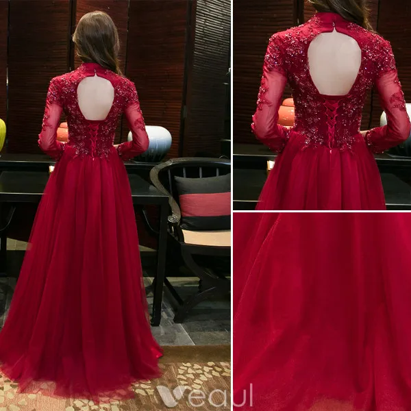 Sparkly Evening Dresses 2017 High Neck Applique Lace Burgundy Tulle Chinese Style Long Dress