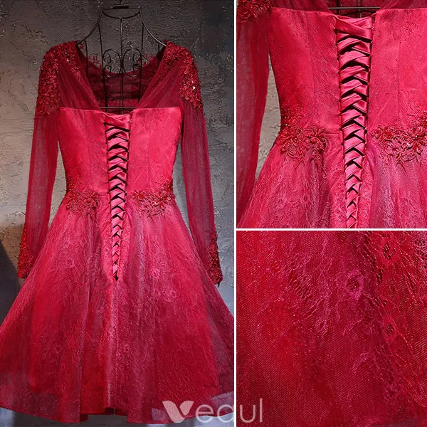 Vakre Festkjoler 2017 Scoop Hals Applique Burgunder Blonder Kort Kjole Med Ermer
