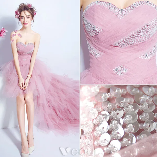 Nydelige Cocktailkjoler 2017 Kjæreste Beading Paljetter Gripende Ruffles Rosa Tyll Asymmetrisk Kjole