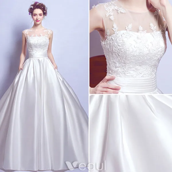 Robe De Mariée Belle 2017 Scoop Décolleté Manches Volants Blanc Satin Robes De Mariée Avec Des Poches