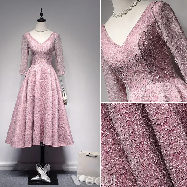 Beautiful Evening Dresses 2017 V-neck Backless Pink Tea Length Lace Dress