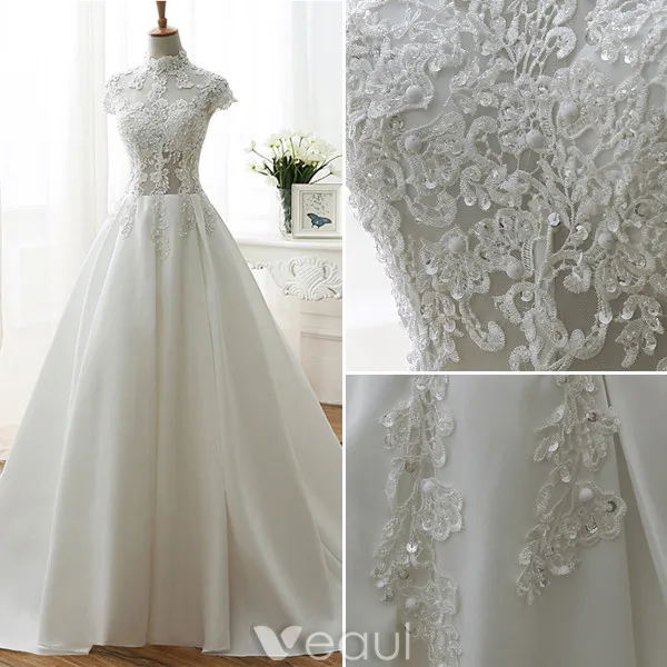 Vintage A-line Wedding Dresses 2017 High Neck Applique Lace Beading Sequins Ivory Satin Bridal Gowns