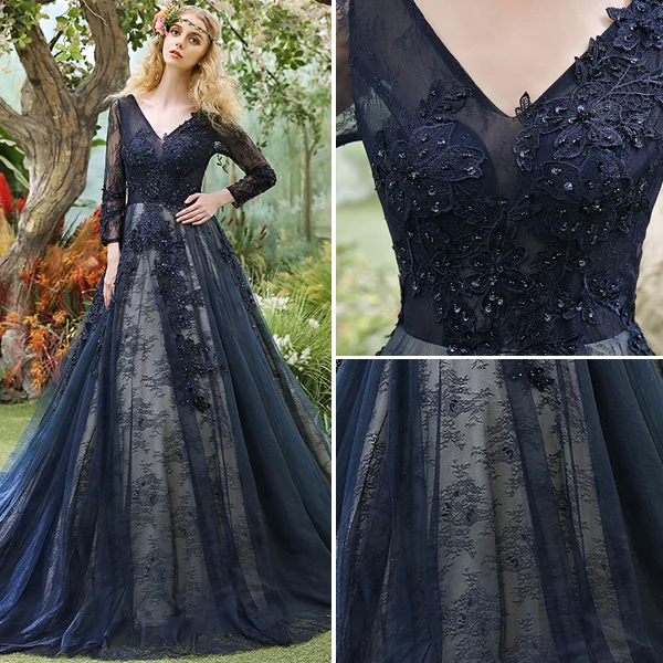Efektowne Sukienki Na Bal Studniówkę 2017 V-neck Aplikacja Koronki I Cekinów Ciemny Granatowy Długa Sukienka