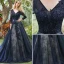 Efektowne Sukienki Na Bal Studniówkę 2017 V-neck Aplikacja Koronki I Cekinów Ciemny Granatowy Długa Sukienka
