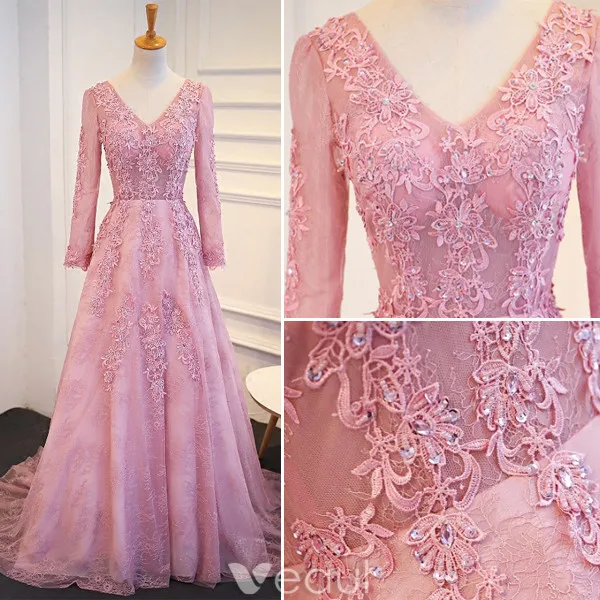 Eleganta Balklänningar 2017 V-ringad Långa Ärmar Beading Strass Rosa Klänning Med Tåg