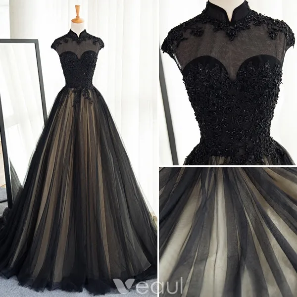 Vintage Prom Dresses 2017 High Neck Applique Beading Lace Black With Champagne Tulle Dress
