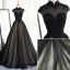 Vintage Prom Dresses 2017 High Neck Applique Beading Lace Black With Champagne Tulle Dress