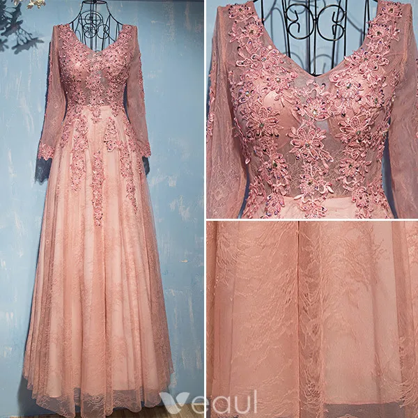 Glamorous Evening Dresses 2017 V-neck Applique Lace With Sequins Pearl Pink Lace Tulle Long Dress