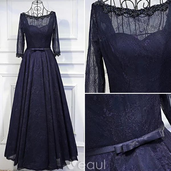 Elegant Evening Dresses 2017 Beading Scoop Neck  Ruffle Navy Blue Lace Backless Dress