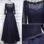 Elegant Evening Dresses 2017 Beading Scoop Neck  Ruffle Navy Blue Lace Backless Dress